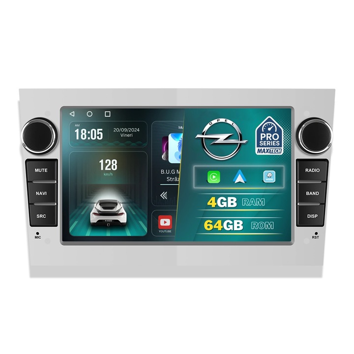 Navigatie Opel 4GB Ram 64GB Memorie, MaxTech® PRO SERIES, Carplay & Android auto, Ecran 7” HD Touch, Astra, Corsa, Zafira, Vivaro, Meriva, Antara, Signum, Tigra GPS, Wifi, Bluetooth, Waze Argintiu