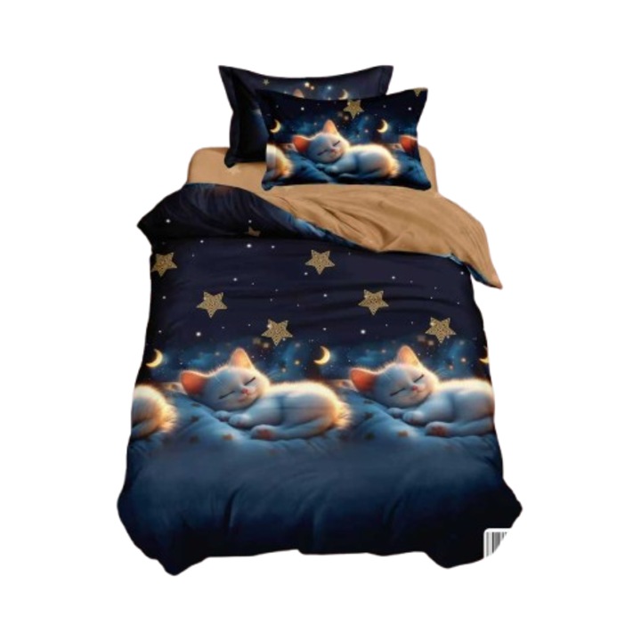 Lenjerie de pat, 1 persoana, fara elastic, 140X200, cm, imprimeu pisicute