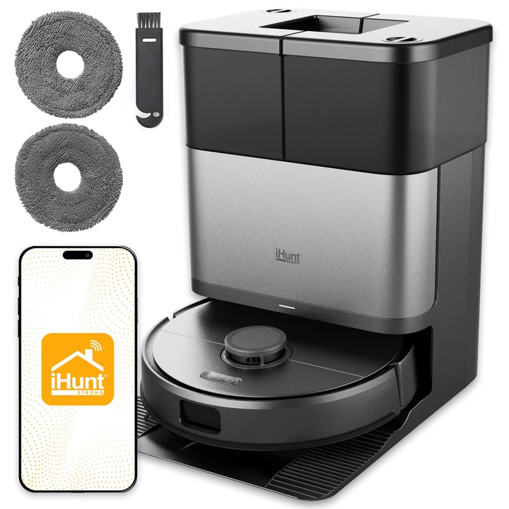 Robot aspirare si mop iHunt BRO Robo Clean V9 Dual-Laser AI, Putere 10.000Pa, Statie Autogolire 20.000Pa, Autonomie 180 min, Navigatie LiDAR 3D, Control Aplicatie, Negru
