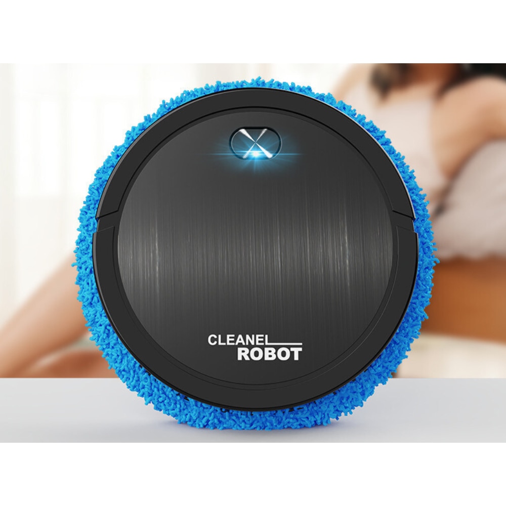 Robot de curatare mop electric Cleanel, fara fir, rotire 360°, lavete microfibra, incarcare USB, profil slim 5 cm, plastic, Negru