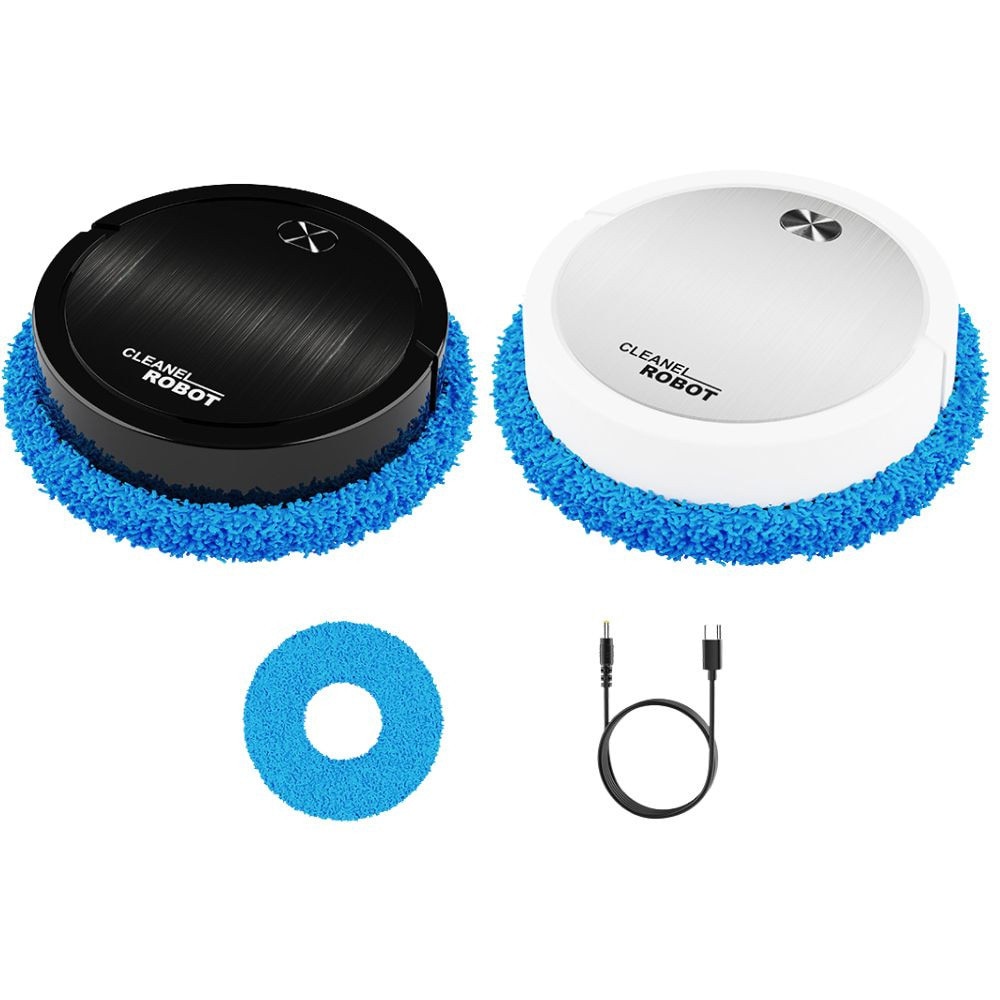 Robot de curatare mop electric Cleanel, fara fir, rotire 360°, lavete microfibra, incarcare USB, profil slim 5 cm, plastic, Negru