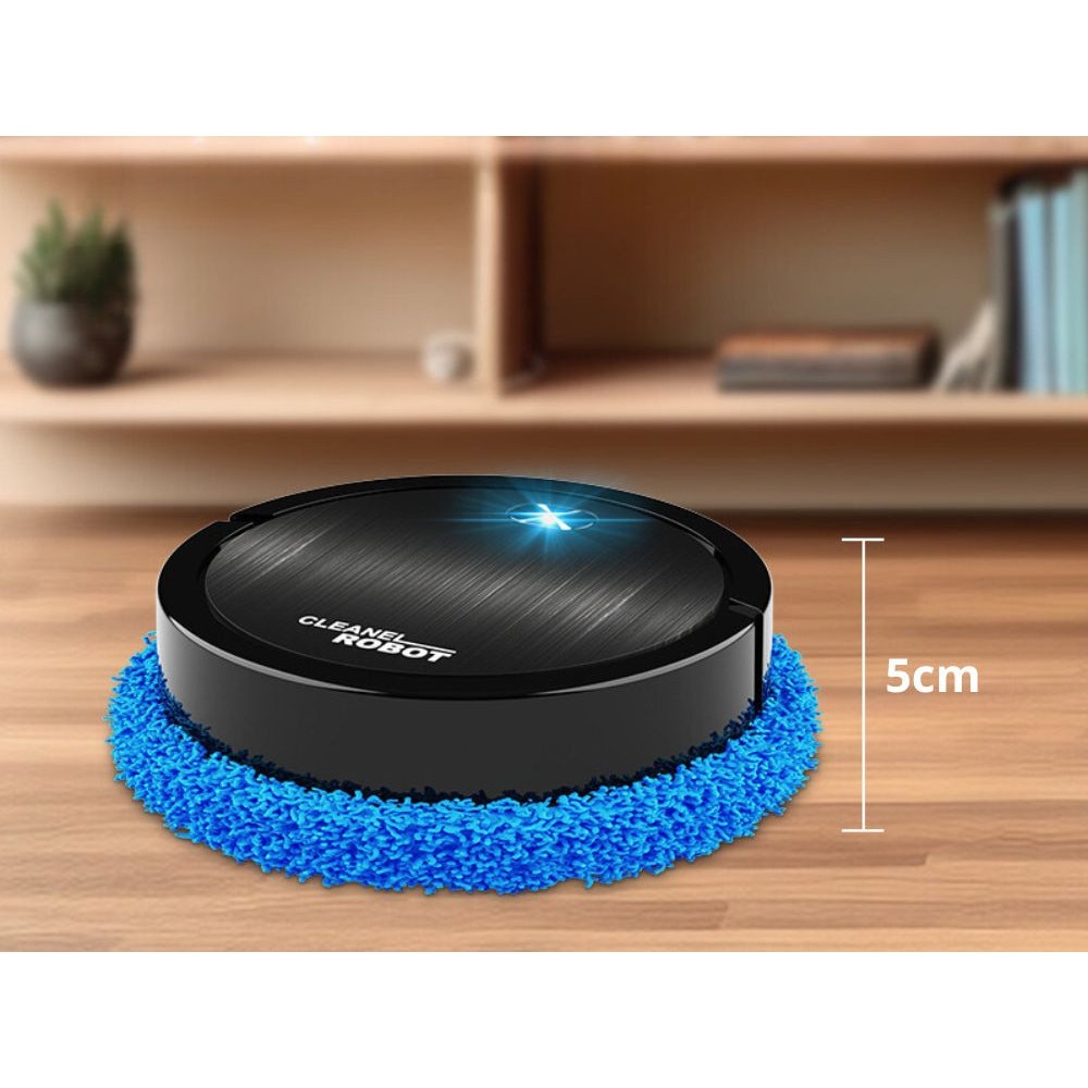 Robot de curatare mop electric Cleanel, fara fir, rotire 360°, lavete microfibra, incarcare USB, profil slim 5 cm, plastic, Negru
