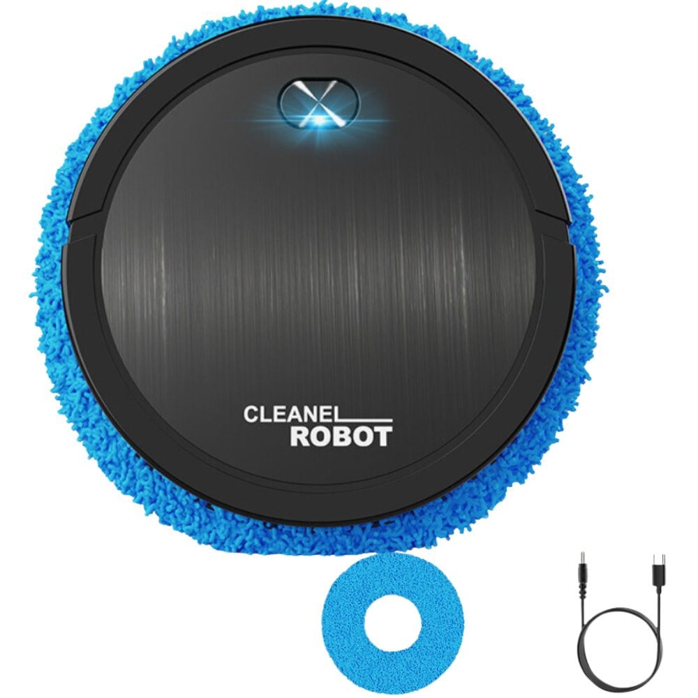 Robot de curatare mop electric Cleanel, fara fir, rotire 360°, lavete microfibra, incarcare USB, profil slim 5 cm, plastic, Negru