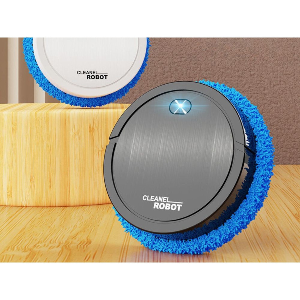 Robot de curatare mop electric Cleanel, fara fir, rotire 360°, lavete microfibra, incarcare USB, profil slim 5 cm, plastic, Negru
