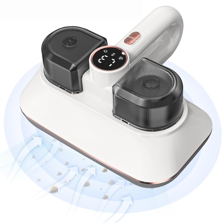 Aspirator Antiacarieni Fara Fir cu Doi Capete, 16KPa, Lampa UV-C si Ultrasunete, Filtru HEPA, LED Display, Elimina Praful, Par de Animale si Anticarienii, Ideal pentru Saltele, Canapele si Copii, Alb