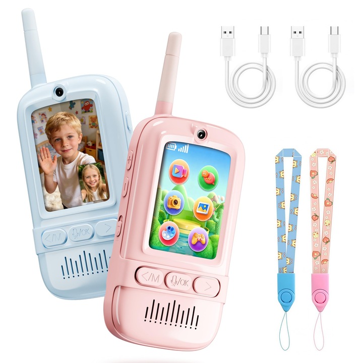Walkie Talkie Video pentru Copii, Set 2 Statii cu Functie Video, Camera Foto, Mesagerie, Galerie Foto, Ecran 2.0 inch, 4 Efecte Voce, Baterie Reincarcabila, USB-C, Roz + Albastru