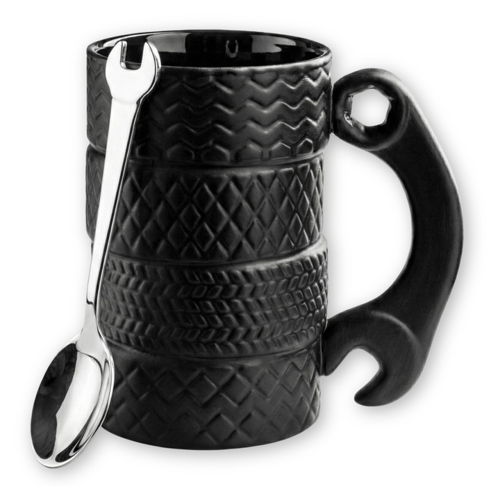 Cana ceramica cu maner de cheie si lingura