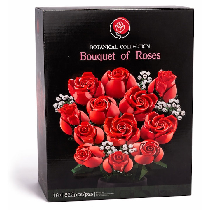 Set de constructie, Bukiet de flori, 12 trandafiri rosii, 822 piese, 39x25x9 cm