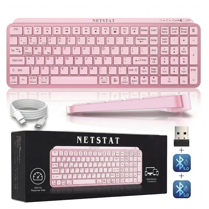 Клавиатура NETSTAT®, Безжична, Bluetooth, 3 Устройства, Безжична, 105 Клавиша Full-Size, NumPad, Тиха Scissor-Foot, Anti-Ghosting, 1000Hz, Ултра-тънка 16мм, Преносима, USB Type-C, Презареждаема 400mAh, macOS, Windows, Android, Pозова