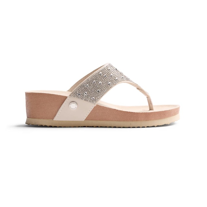 Gioseppo, Papuci flip-flop cu toc wedge si strasuri Ruthton, Alb murdar, 36