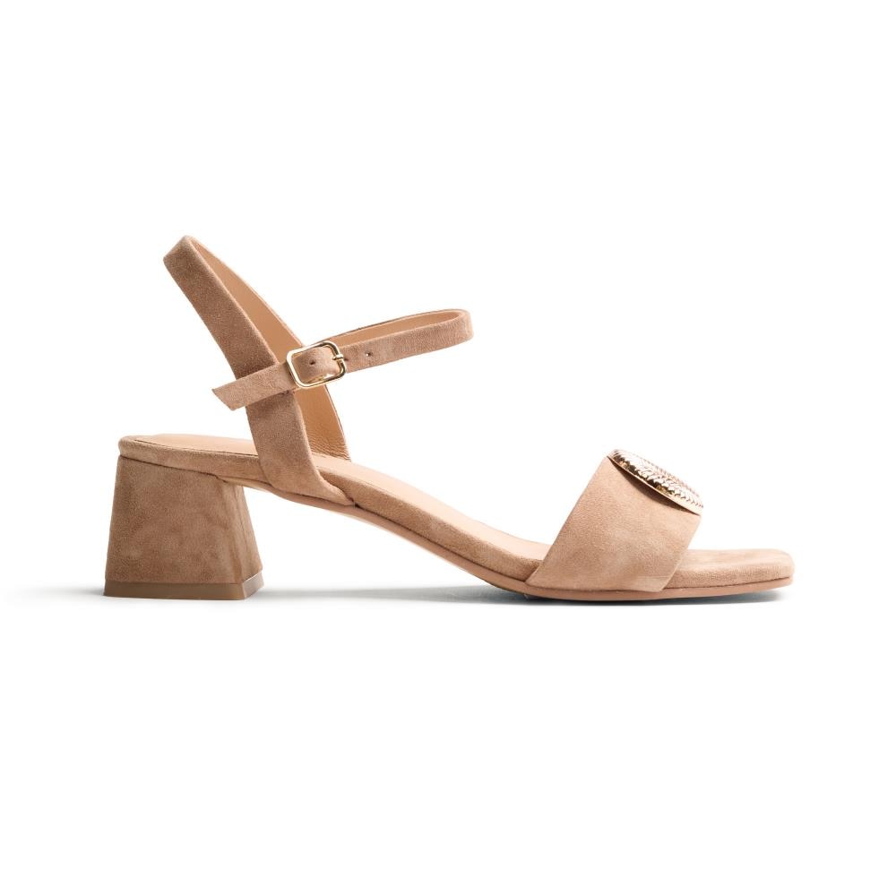 Gioseppo, Sandale de piele intoarsa cu toc si accesoriu metalic Verndale, Maro camel, 41