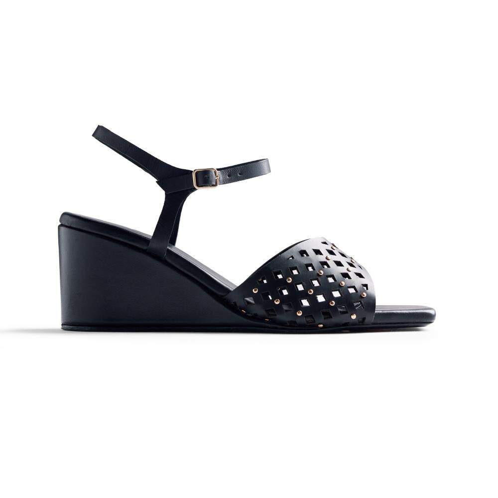 Gioseppo, Sandale wedge de piele cu perforatii si nituri, Negru, 40