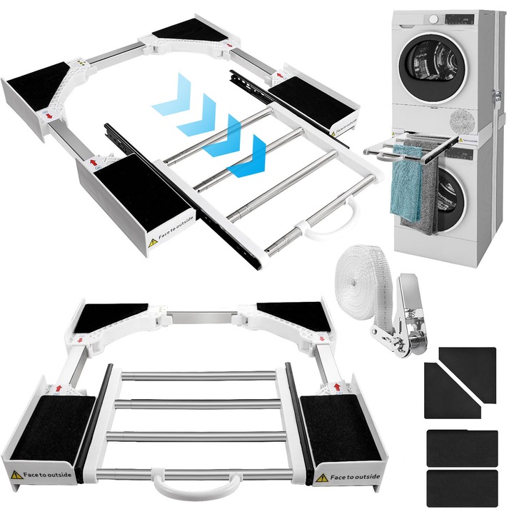 Kit Universal Suprapunere Masina de Spalat si Uscator, Bedee, Lungime Reglabila, cu Curele de Fixare si Retractabil Suport pentru Prosoape, Usor de Instalat, Robust si Durabil, Cadou pentru casa, Alb/Negru