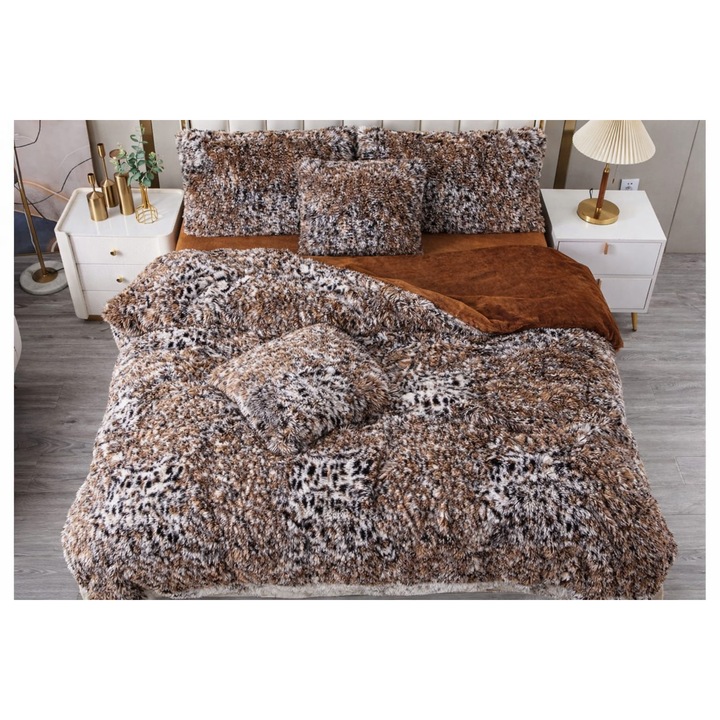 Set Lenjerie de Pat Cocolino Deluxe, Animal Print Maro, 220 X 240, 6 Piese, Blanita Pufoasa Premium, Ultra Calduroasa