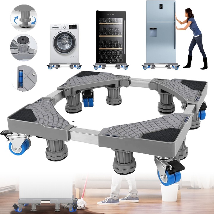 Suport pentru masina de spalat, frigider, aragaz, Bedee, Lungime reglabila 42-66cm, 8 picioare si 4 roti, Detasabil, Anti-alunecare, Robust si durabil, Baza masinii de spalat si uscatoare, cu mecanism de blocare, Cadou pentru casa, Gri