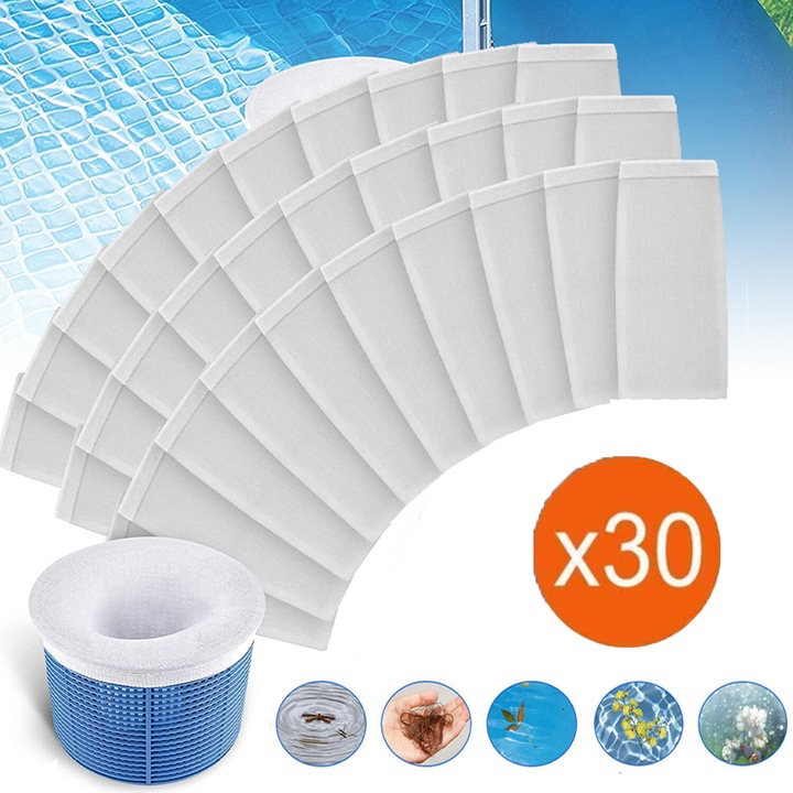 Set 30 sosete skimmer piscina, material nylon, reutilizabile, 12x21.5cm, alb