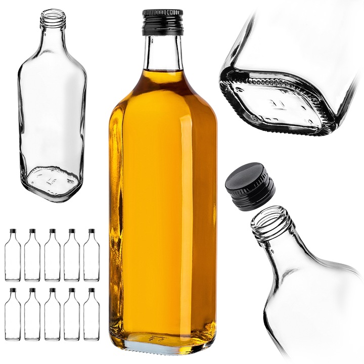 Sticla de whisky 500ml KADAX, set 10 bucati, capac negru, 24x7,2x5,8cm