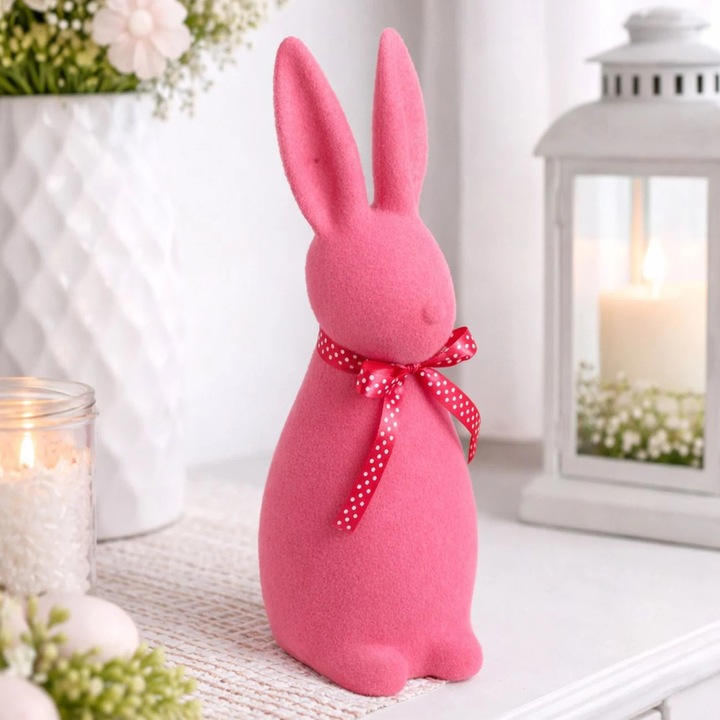 Iepure Decorativ de Paste Catifelat Roz 15cm
