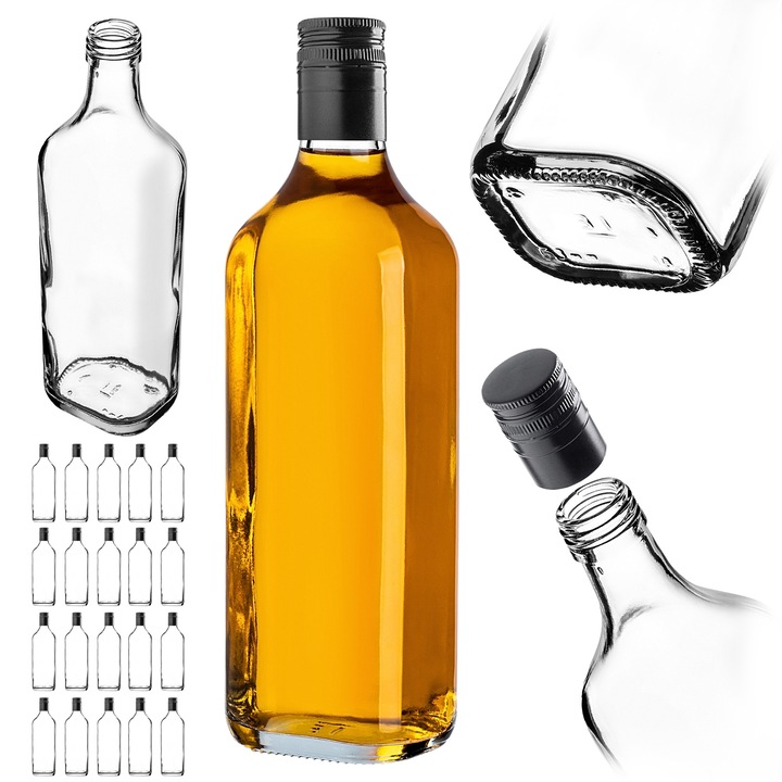 Sticla de whisky 500ml KADAX, set de 20 bucati, capac negru, sticla transparenta, dimensiuni 24x7,2x5,8cm