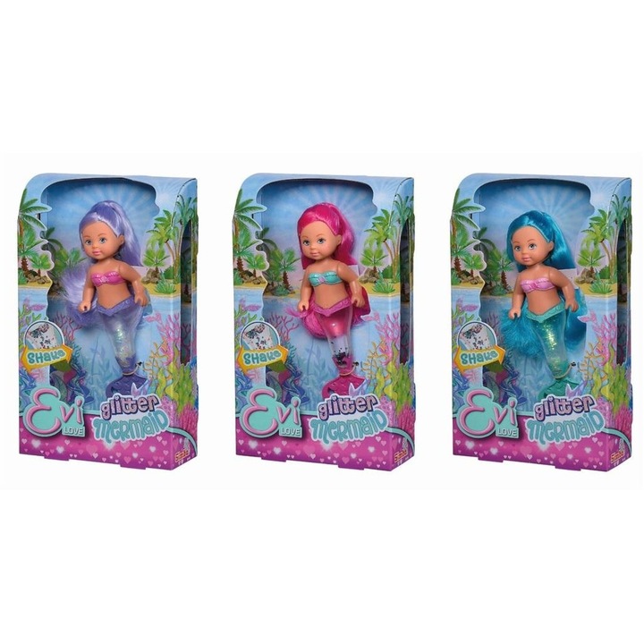 Papusa Evi sirena cu sclipici, 14cm, set mix de modele