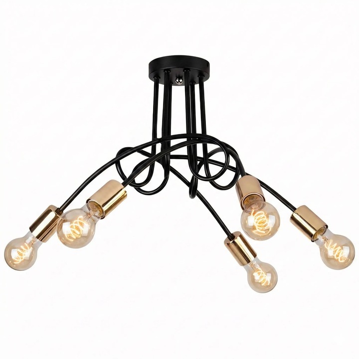 Lustra 5 surse de iluminare E 27, Metal, Negru/Auriu, 700x700x400 mm