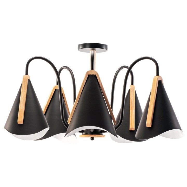 Lustra Toolight, 5 surse E27, Metal/Lemn, Negru/Maro, 370x550mm