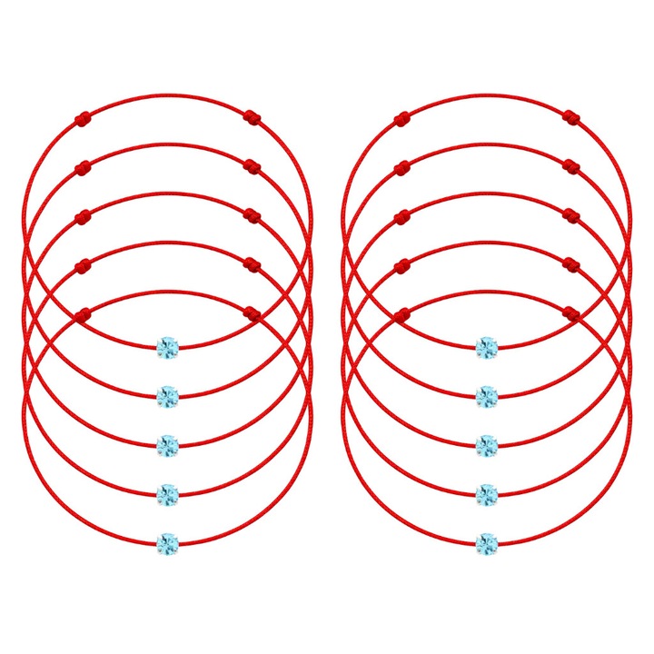 Set 10 Martisoare MANAVA cu Cristal Preciosa Acvamarin, Snur Rosu, 4 mm