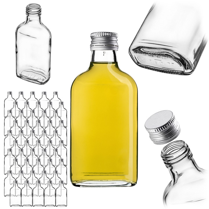 Sticla piersiowka KADAX 200ml, set 50 bucati, transparenta, capac metalic