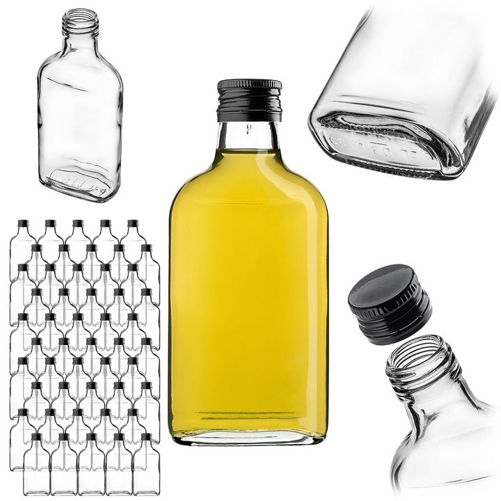 Sticla piersiowka KADAX 200ml, set 50 bucati, transparenta, capac negru