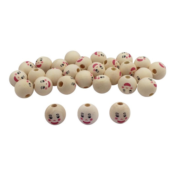 Set de 30 margele din lemn cu fete zambitoare, Loolipo, 2, 2 cm, ambalate în galetusa