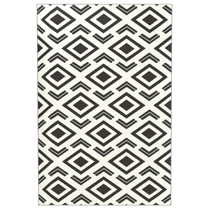 Външен килим, геометричен модел, двулицев, устойчив на атмосферни влияния, черно-бял