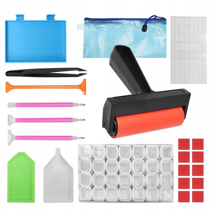 Set accesorii pentru diamond painting, Ayawaska, 22 piese, organizator cu 28 compartimente, multicolor