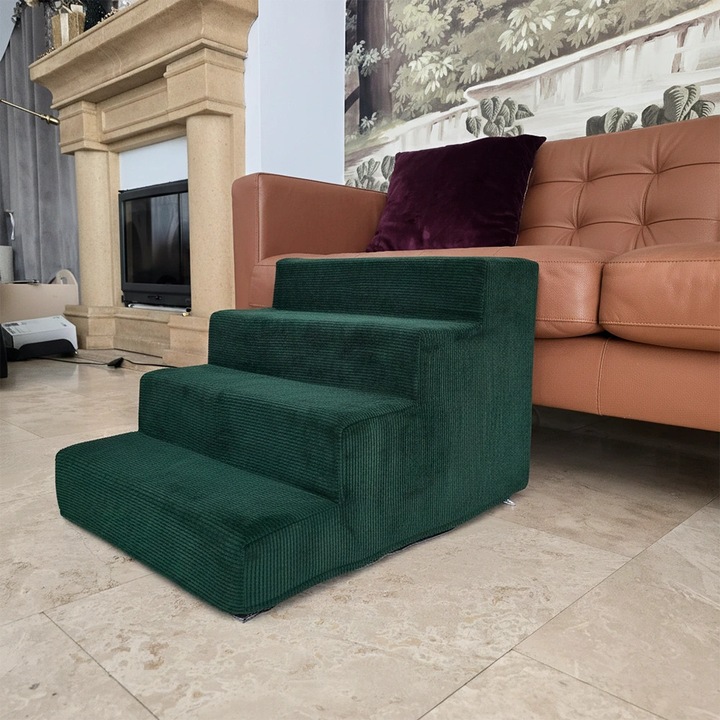 Scara pentru caini si pisici Trufi, 4 trepte, burete masiv, catifea detasabila, verde, 50x40cm
