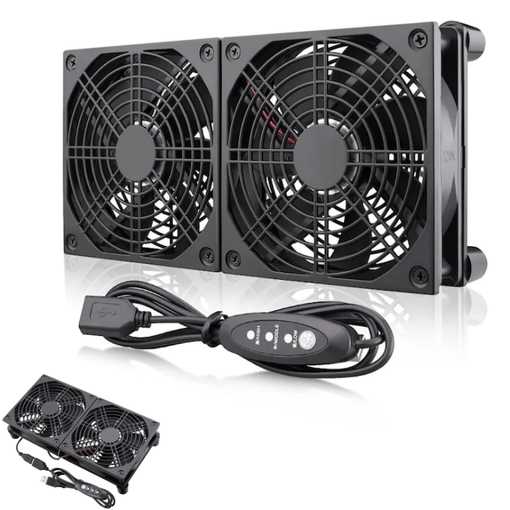 Set 2 Ventilatoare USB duale de 5V, 3 viteze reglabile, ventilator de racire cu flux de aer de 102 CFM, pentru router PS4 Xbox TV box, USB, 245 × 125 × 55mm, Negru