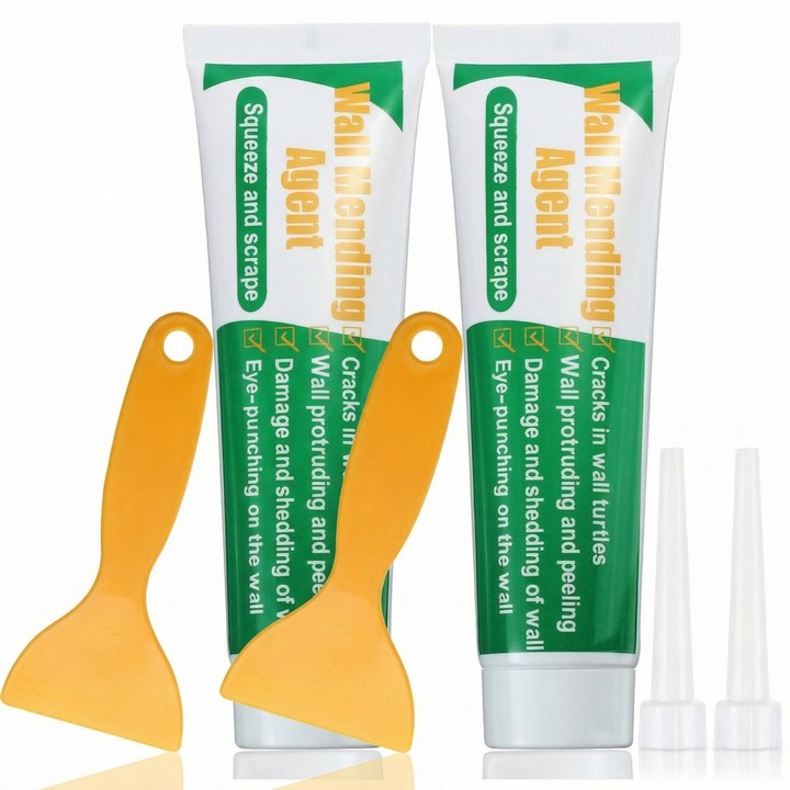 Chit Pentru Repararea Crapaturilor Din Pereti Profesional TrioStore®, Pasta Alba Cu Aderenta Buna Si Uscare Rapida, Spatula Si Varf De Aplicare Incluse, Kit Reparatii Interioare, Set 2 Bucati, 2x100 G