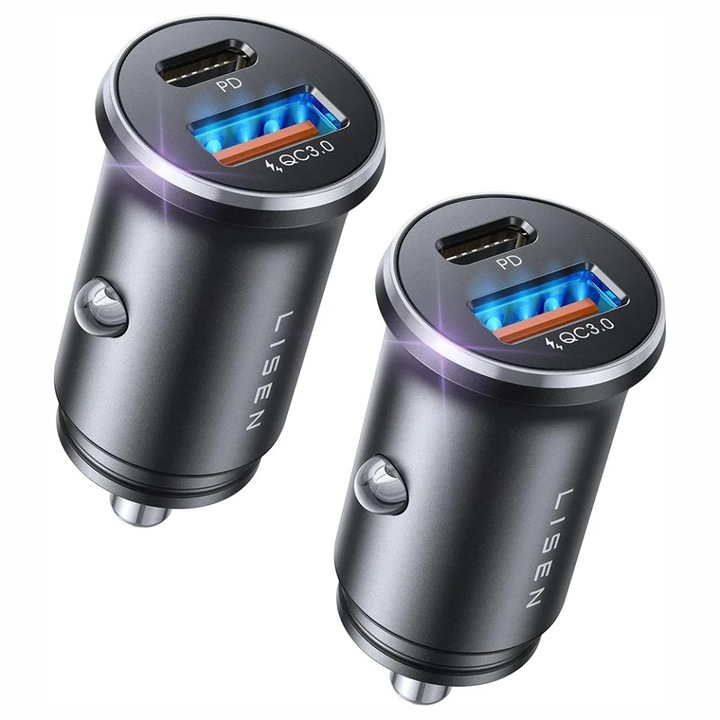 Set 2x Incarcator Auto Fast Charge PD36W + QC18W USB + USB-C, Adaptor Bricheta, Lisen YL0223080038, Negru