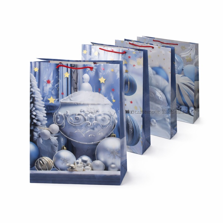 Комплект премиум коледни подаръчни торбички, модел празнични синьо-бели глобуси, гланцов картон, многоцветни, 4 броя, 31x12x42 см