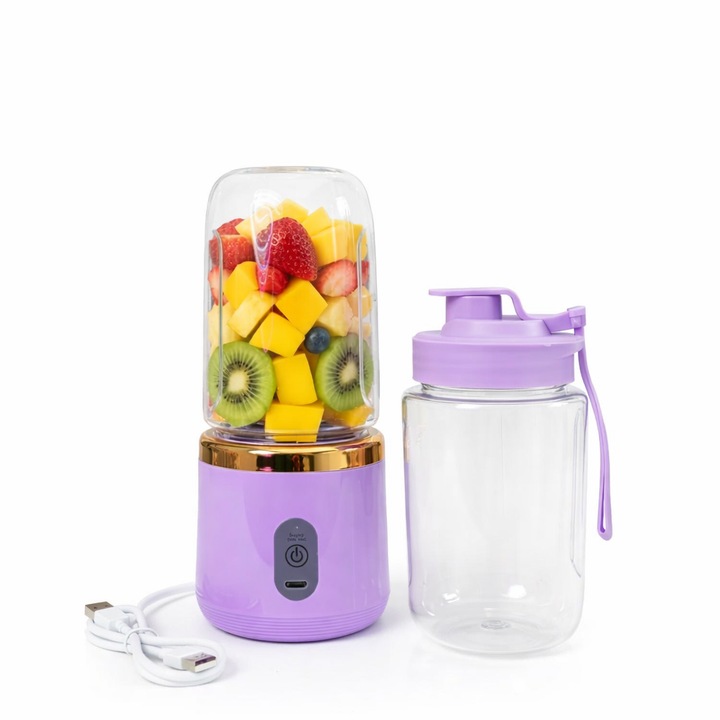 Blender portabil Brivoo, reincarcabil USB-C, 2 recipiente 450 ml, 3D, rapid si rezistent, Mov