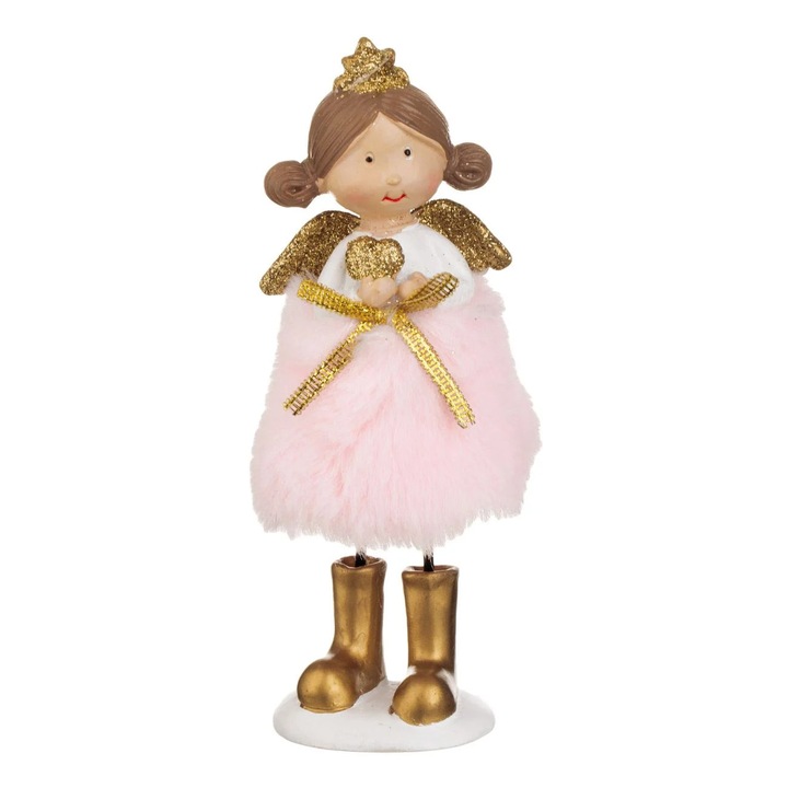 Ingeras Decorativ de Craciun Fetita Roz cu Imitatie de Blana Aripi cu Glitter 15cm