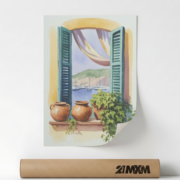 Poster decorativ, ilustratie rustica cu fereastra si gradina, Window With Flowing Curtains, A4 (21 x 29.7 cm), Fara Rama