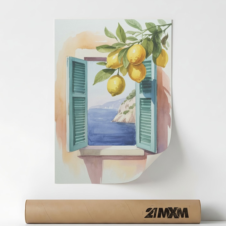 Poster decorativ, ilustratie rustica cu fereastra si gradina, Window With Lemons, A3 (29.7 x 42 cm), Fara Rama