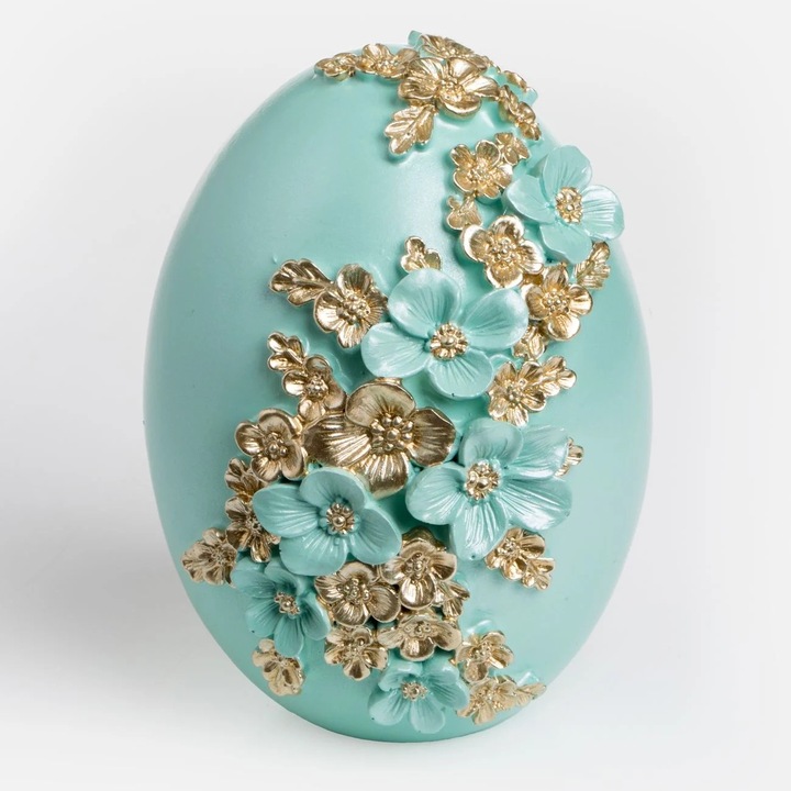 Decoratiune Ou Paste Flori 3D Relief Polyresin Perlat Turcoaz Auriu 12cm Ornament Decorativ Masa Paste Primavara Shopiens