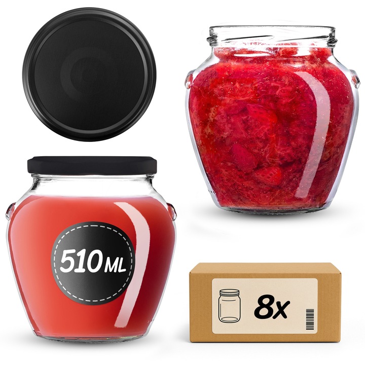 Set de 8 borcane din sticla KADAX 510 ml, transparent, cu capac tip twist-off