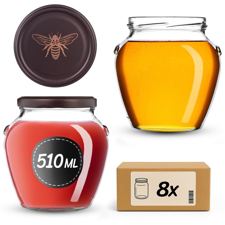 Set de 8 borcane din sticla KADAX 510 ml, capacitate 82 mm, transparent, pentru conserve si produse uscate