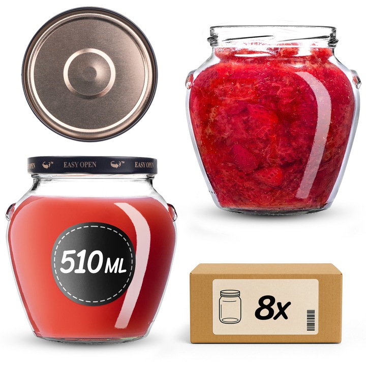 Set de 8 borcane din sticla KADAX 510 ml, cu capac tip twist-off, transparent, pentru conserve si produse uscate, 9x10,5cm