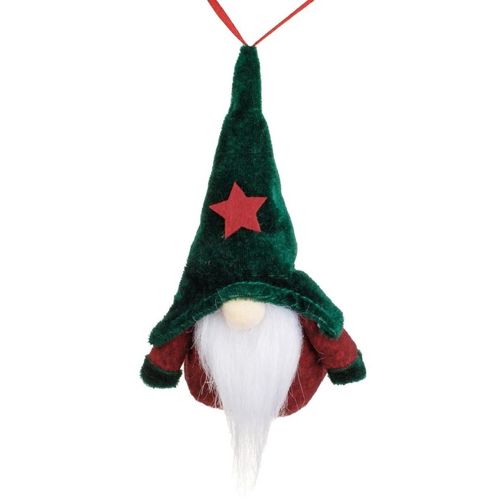 Ornament Brad de Craciun Figurina Gnome Rosu sau Verde cu Caciula de Blana Artificiala 15cm