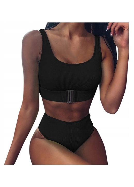 Дамски бански костюм, SNM, бикини от две части, висока талия, черен, 40-42 EU