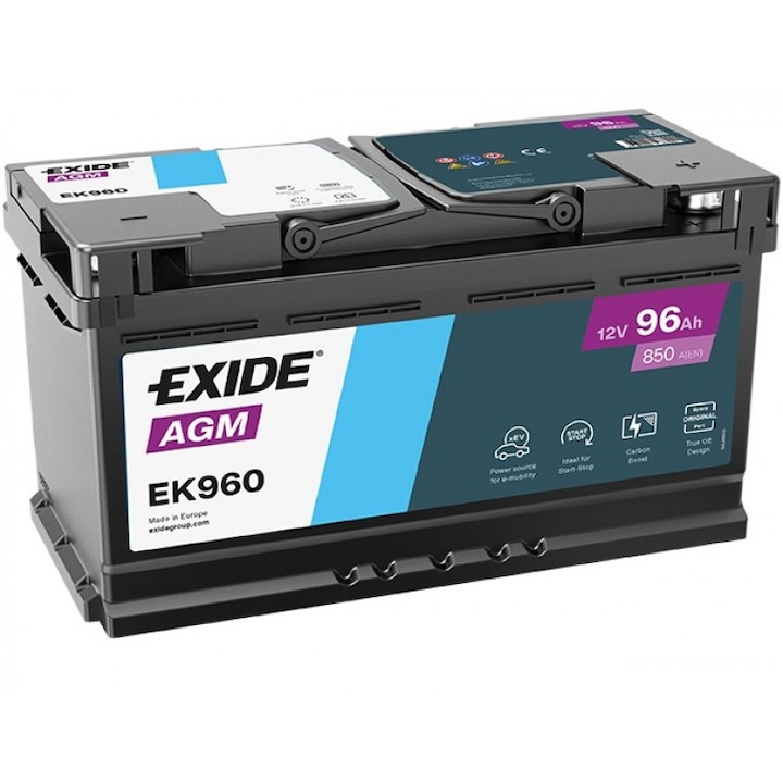 Baterie auto Exide AGM 12V 96Ah Start-Stop, tehnologie LifeGrid, fără întreținere, pentru vehicule mari