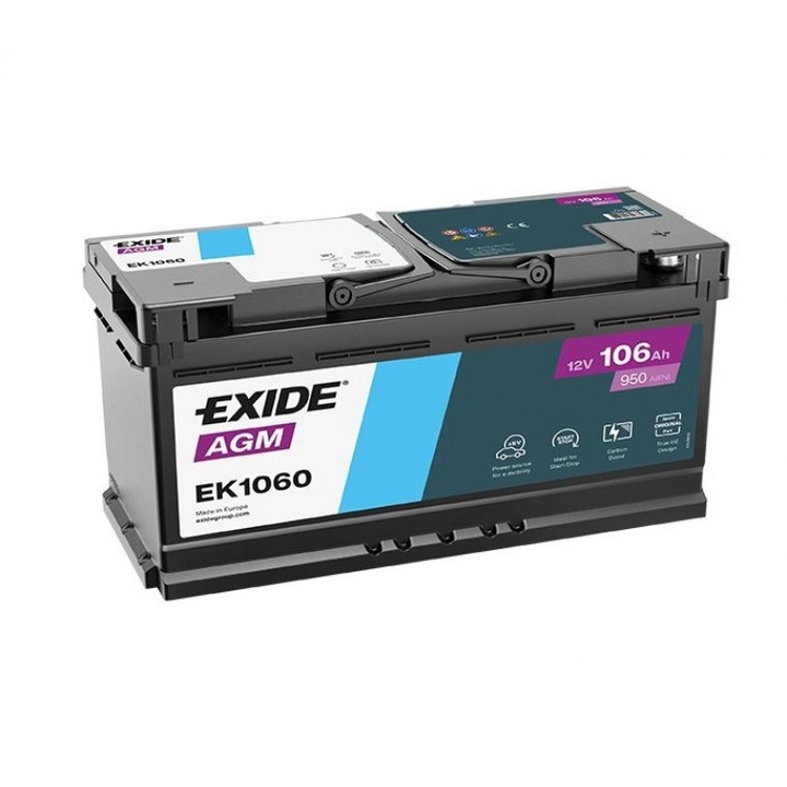 Baterie auto Exide AGM EK1060 12V 106Ah, performanță ridicată, rezistență la vibrații, fără întreținere