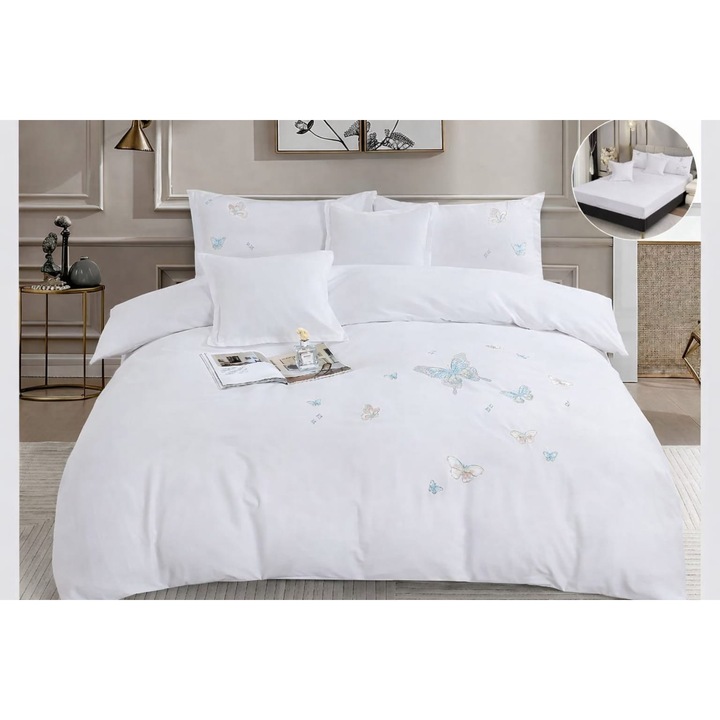 Prémium Ágynemű Szett, Fehér, 180x200, Pamut, Pillangó Hímzéssel, Gumis Lepedővel, 6 részes, Elegáns & Luxus